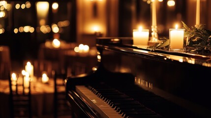 An intimate setting with a pianist playing classical music by candlelight,