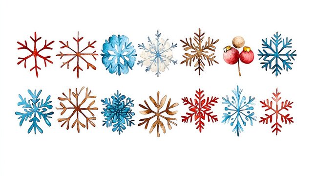 Delicate watercolor snowflakes in various shapes and shades of blue, perfect for a winter theme, watercolor Christmas clipart, snowflake decorations