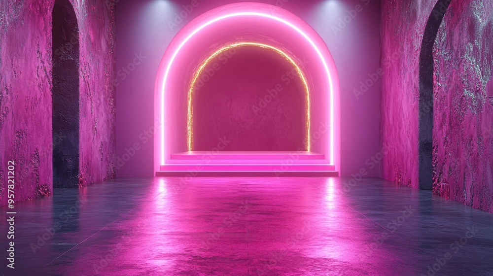 Poster 3d render of an abstract monochrome pink geometric background with a modern minimal art deco showcas