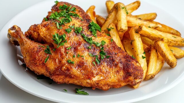 Frenchstyle poulet frit, with herbs de Provence crust and a side of pommes frites, garnished with parsley