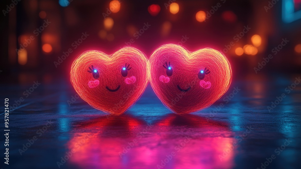 Poster 3d render of an abstract neon background featuring two glowing hearts linked by a modern minimal lin