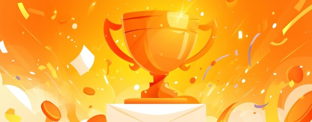 Orange Banner with Trophy, Coins, and Confetti - Blank Space for Custom Text