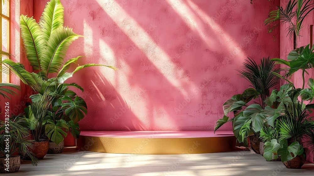 Poster 3d render of an abstract peach stucco background with sunlight rays, featuring a modern minimal show