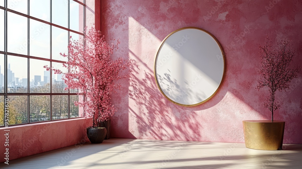 Poster 3d render of an abstract peach stucco background with sunlight rays, featuring a modern minimal show