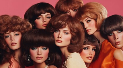 Obraz premium A 70s hairstyles feature, with models sporting iconic looks such as feathered hair, shag cuts, and voluminous curls