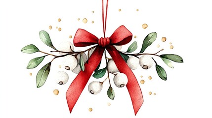 Watercolor mistletoe bunch tied with a red ribbon, ready to be hung, watercolor Christmas clipart, mistletoe decoration