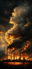 Obraz premium A dramatic industrial scene featuring smokestacks releasing dark clouds against a fiery sunset sky.