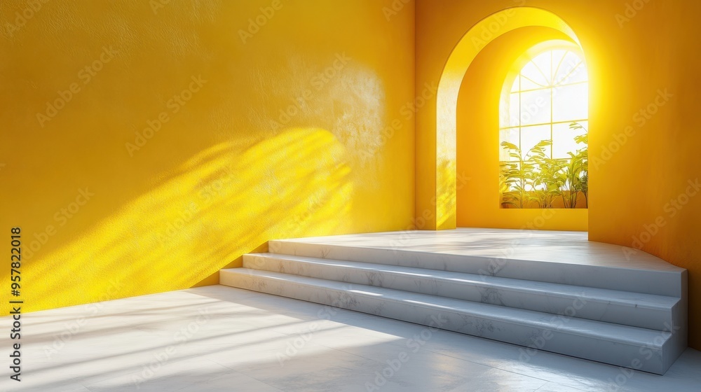 Aufkleber 3d render of a sunny yellow background with shadows and bright sunlight, featuring a minimal scene w
