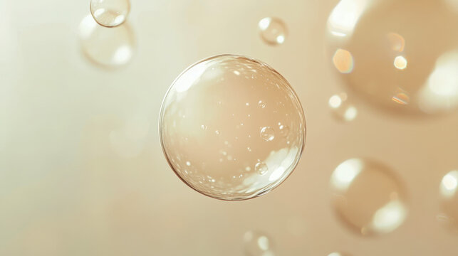 Transparent bubbles floating against a soft beige background, creating a delicate and serene atmosphere. Cosmetic skincare product texture
