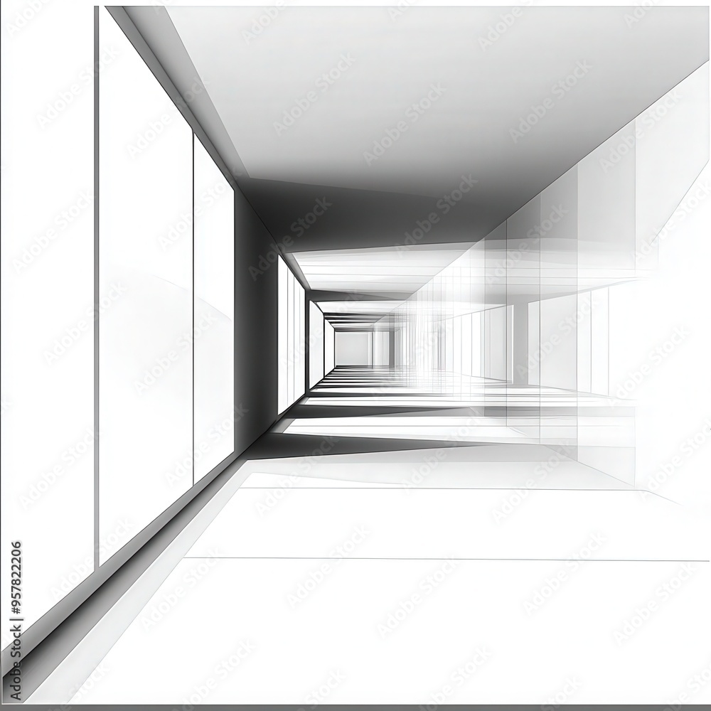 Poster a minimalist, modern corridor with white walls and natural light, creating a sense of depth and open