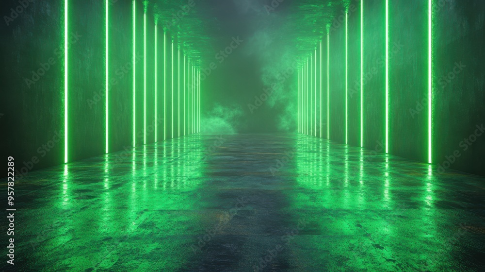 Poster 3d render of abstract wallpaper with glowing neon green lines isolated on a black background featuri