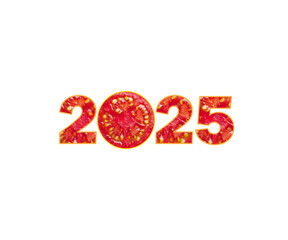 3D Rendering of the New Year 2025 Eve logo with a Tomato pattern for vegetarians, Concept for Freshness, Healthy, Care, Natural, Food chart, Restaurant, Diet, Vegetable shop, Gym, Yoga, etc.