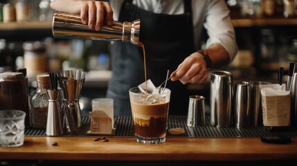A bartender mixing a coffee cocktail, with the ingredients and tools spread out on the bar counter