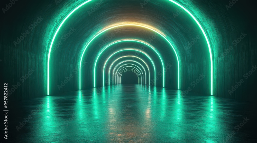 Aufkleber 3d render of abstract wallpaper with glowing neon green lines isolated on a black background featuri