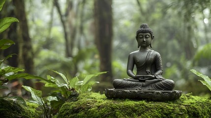 A tranquil Buddha statue sitting on a mossy platform, surrounded by the gentle sounds of the rainforest