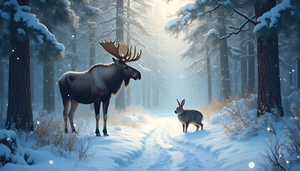 Snowy Forest with Moose and Rabbit on a Quiet Path