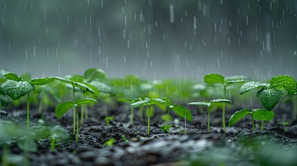 07240954 229. Rows of young plants flourishing in the rain, each one a beacon of hope and renewal, under a grey, rain-laden sky, with the scene extending to the horizon, making a powerful statement