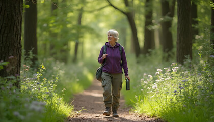 Obraz premium Senior Woman Hiking Through a Peaceful Forest Trail