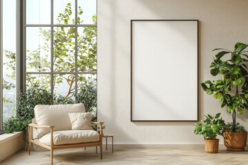 Poster Frame in Beige minimalist living room interior created with generative AI
