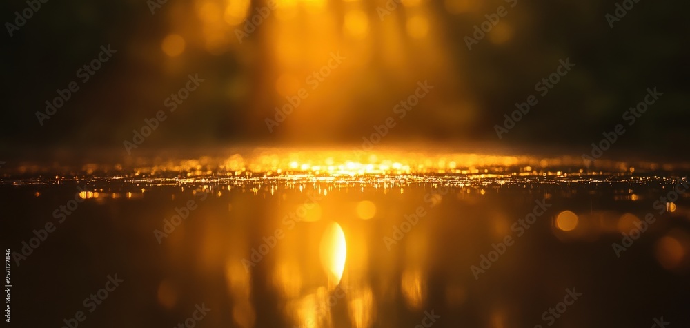 Poster a serene scene capturing warm golden light reflecting on a calm water surface, creating a tranquil a