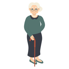 Old Person Cartoon Character with Stick. Flat Vector Illustration Isolated on White Background