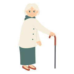 Fototapeta premium Old Person Cartoon Character with Stick. Flat Vector Illustration Isolated on White Background