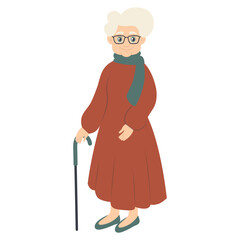 Old Person Cartoon Character with Stick. Flat Vector Illustration Isolated on White Background