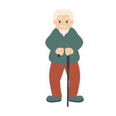 Old Person Cartoon Character with Stick. Flat Vector Illustration Isolated on White Background
