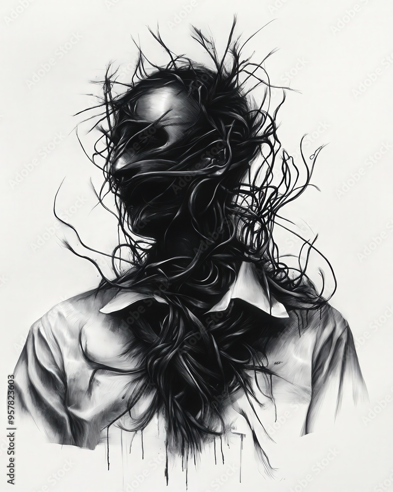 Poster a surreal artwork featuring a figure intertwined with dark, flowing elements, exploring themes of id