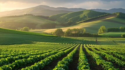 Naklejka premium 07240954 247. The first light of dawn breaking over lush green fields of succulent crops in the countryside, casting a warm glow on the vibrant, leafy plants and the gently rolling hills in the