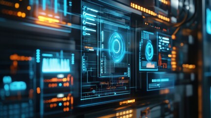 A close-up of smart metering technology with holographic displays of power usage statistics,