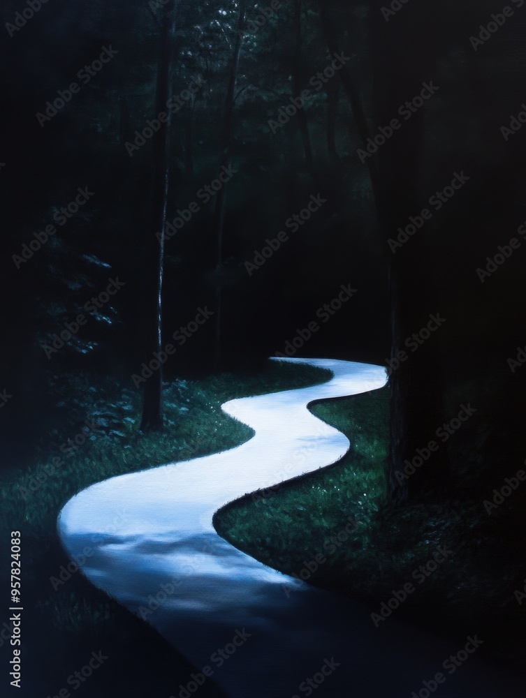 Aufkleber a winding path illuminated in moonlight, surrounded by dark trees, creating a serene and mysterious 