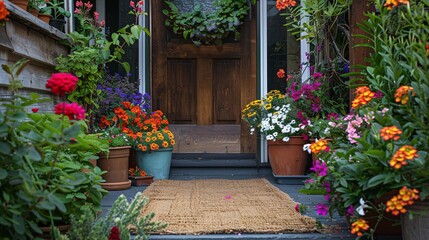 07240954 253. A natural coir doormat positioned in front of an open door, flanked by blooming potted flowers of various colors and sizes, the light from outside illuminating the cozy entryway and