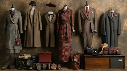 A collection of vintage outfits, including classic dresses, suits, and accessories, styled with a modern twist for contemporary appeal