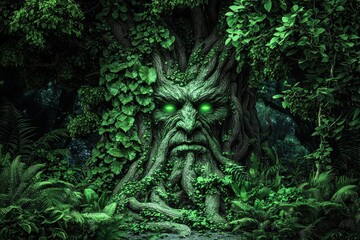 Enchanted forest with mystical tree face creature