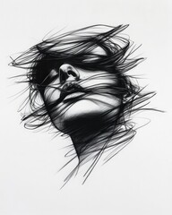 An artistic black and white illustration of a woman's face, emphasizing movement with flowing lines and abstract features.