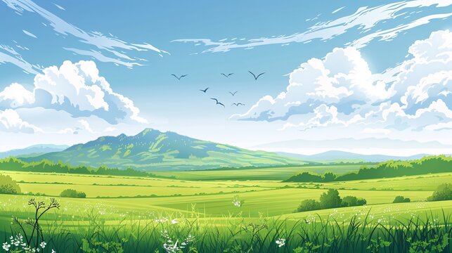07240954 259. A detailed cartoon vector illustration of expansive green fields in a springtime landscape, with a prominent mountain and a serene blue sky with scattered white clouds, creating a