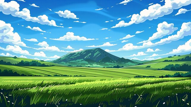 07240954 259. A detailed cartoon vector illustration of expansive green fields in a springtime landscape, with a prominent mountain and a serene blue sky with scattered white clouds, creating a