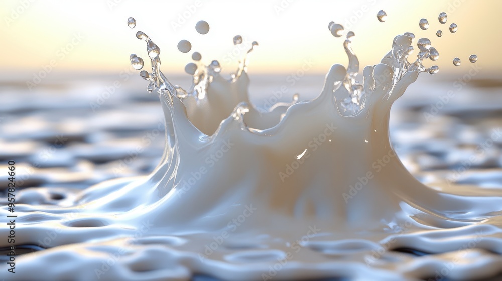 Poster 3D render of abstract white liquid splashing milk in a dynamic creamy splash isolated on a white background.