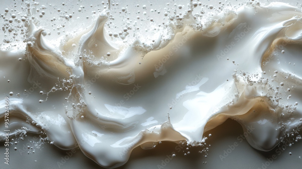 Poster 3d render of abstract white liquid splashing milk in a dynamic creamy splash isolated on a white bac
