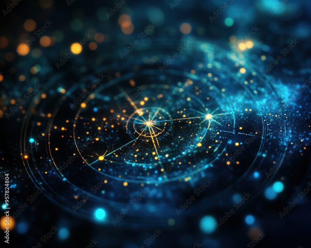 Poster elegant abstract design featuring luminous dots and vibrant colors, creating a immersive cosmic atmo