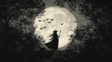 A witch's silhouette against a full moon, with bats flying around and a dark forest below.