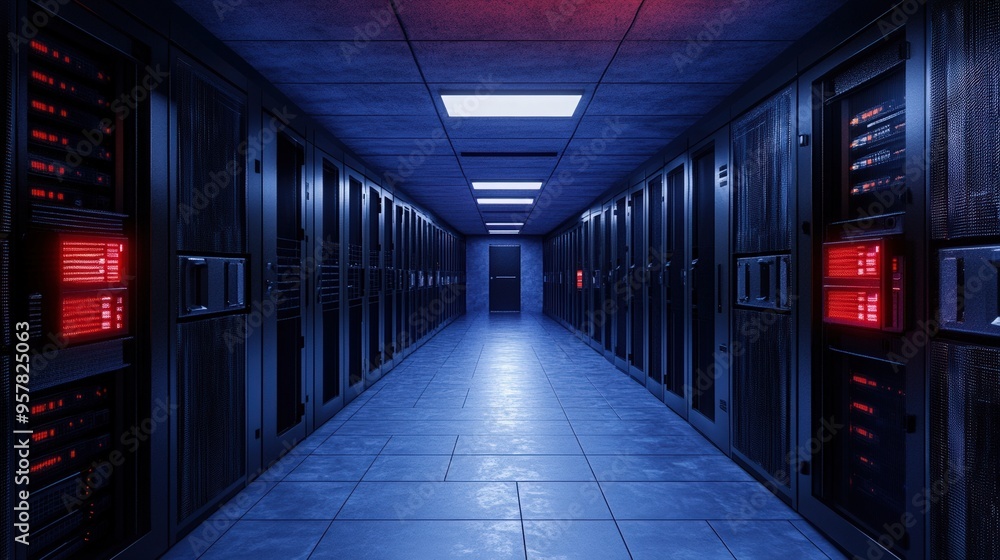 Poster futuristic data center corridor with illuminated server racks, showcasing technology and digital inf
