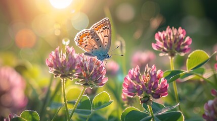 07240954 268. A detailed close-up of clover flowers in a meadow, with a butterfly delicately sitting on one of the blossoms, all illuminated by warm sunlight, producing a dreamy and vibrant image