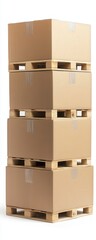 Stacked cardboard boxes on wooden pallets, ideal for storage and shipping solutions in warehouses or logistics.