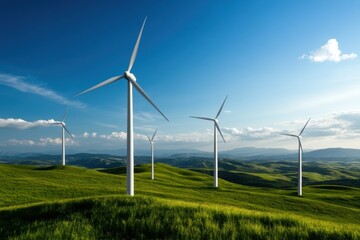A scenic view of wind turbines on green hills under a clear blue sky, symbolizing renewable energy and sustainability.