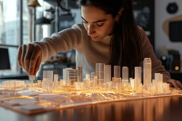 A female urban planner using a 3D model to visualize city development. She’s manipulating the model to explore different