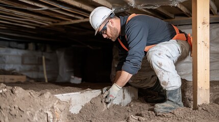 A detailed foundation inspection, showing an inspector examining the concrete, crawl space, and basement for cracks, moisture, and stability issues -