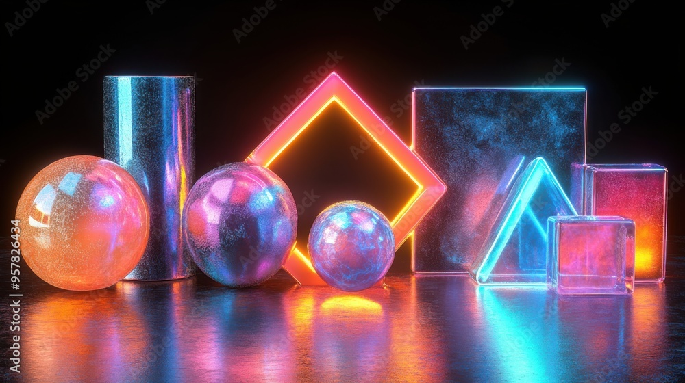Poster 3d render of assorted iridescent geometric shapes, colorful metallic objects, and design elements is