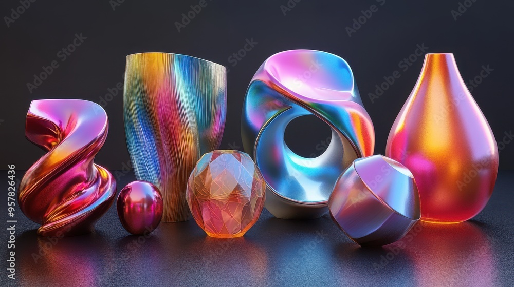 Aufkleber 3d render of assorted iridescent geometric shapes, colorful metallic objects, and design elements is